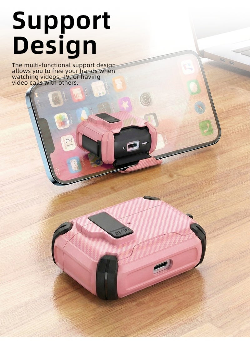 غطاء واقي لحافظة شحن AirPods 4 (يشمل مجموعة تنظيف وحلقة مفاتيح) درع واقي من الصلب مع تصميم قفل مزود برباط - إصدار وردي - view 5